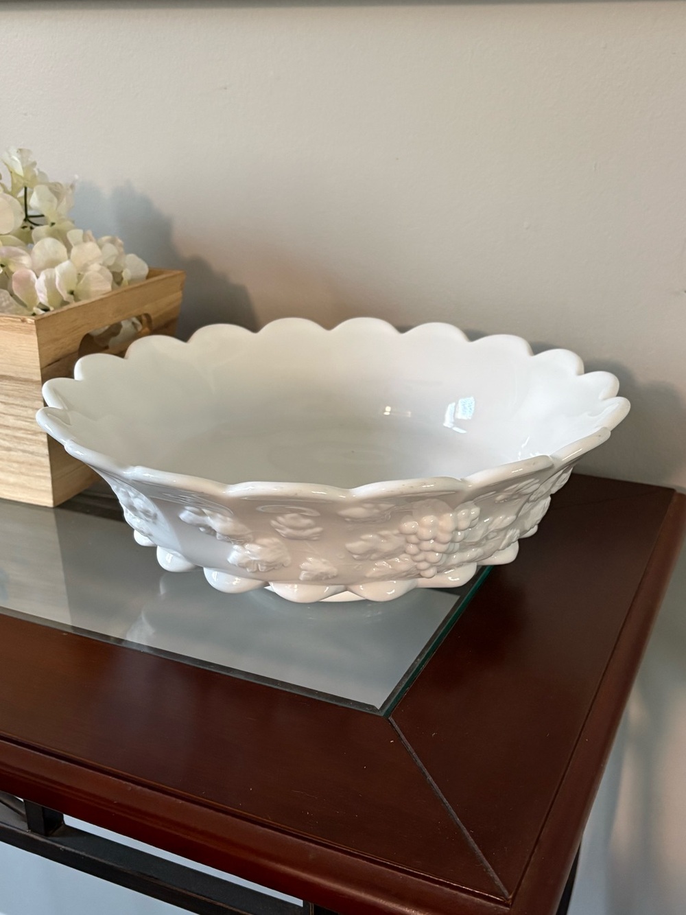 Westmoreland Milk Glass Embossed Grape Pattern With Scalloped Rim VTG 12” Bowl